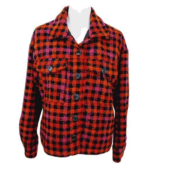 Sanctuary SZ S The Roller Shacket Red Pink Orange Black Plaid - Picture 2 of 8